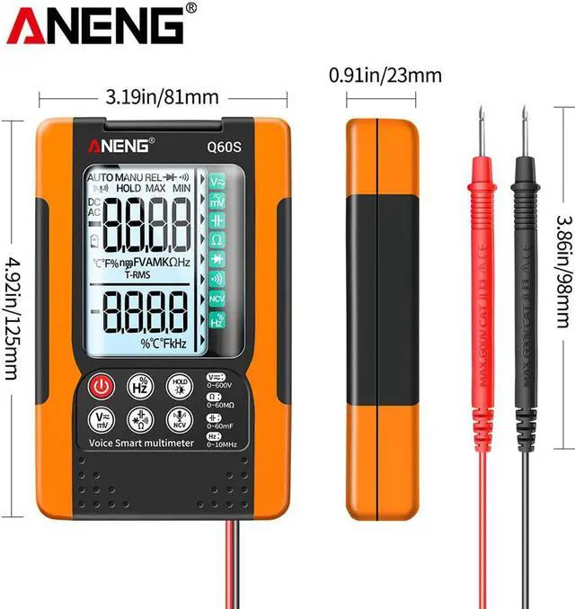 Alt view image 7 of 7 - ANENG Q60S Digital Multimeter Smart Mini Professional True Rms Multimeter AI Speech Recognition Transistor Tester 6000 Counts - Orange