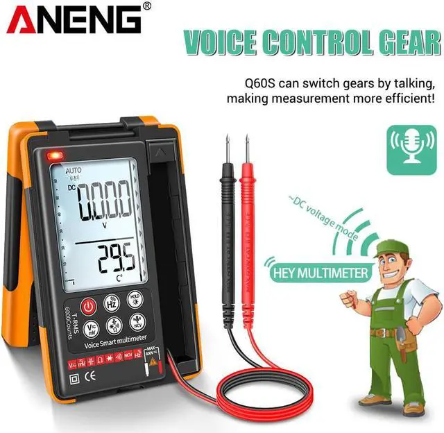 Alt view image 6 of 7 - ANENG Q60S Digital Multimeter Smart Mini Professional True Rms Multimeter AI Speech Recognition Transistor Tester 6000 Counts - Orange
