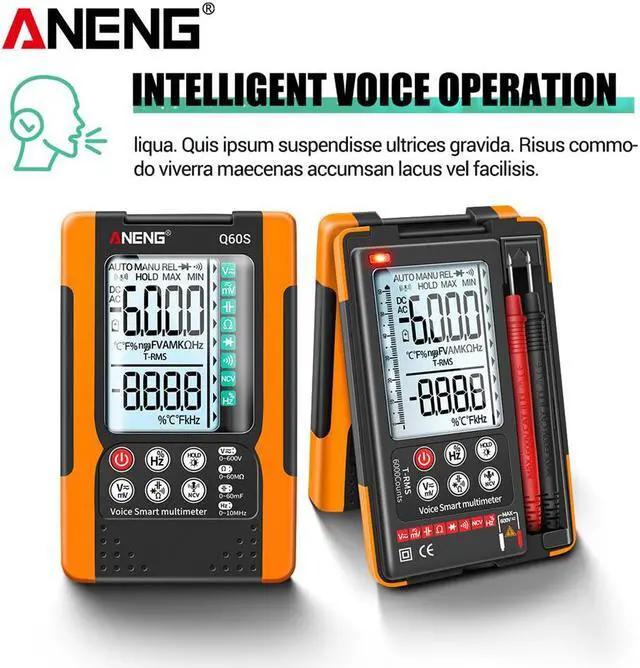 Alt view image 2 of 7 - ANENG Q60S Digital Multimeter Smart Mini Professional True Rms Multimeter AI Speech Recognition Transistor Tester 6000 Counts - Orange(no box)