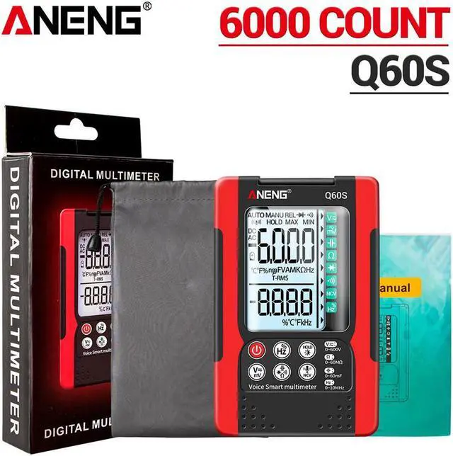 Alt view image 2 of 6 - ANENG Q60S Digital Multimeter Smart Mini Professional True Rms Multimeter AI Speech Recognition Transistor Tester 6000 Counts - Red