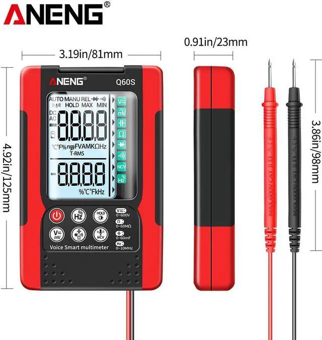 Alt view image 6 of 6 - ANENG Q60S Digital Multimeter Smart Mini Professional True Rms Multimeter AI Speech Recognition Transistor Tester 6000 Counts - Red