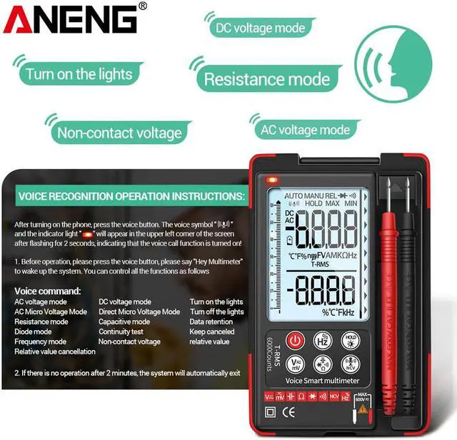 Alt view image 5 of 6 - ANENG Q60S Digital Multimeter Smart Mini Professional True Rms Multimeter AI Speech Recognition Transistor Tester 6000 Counts - Red