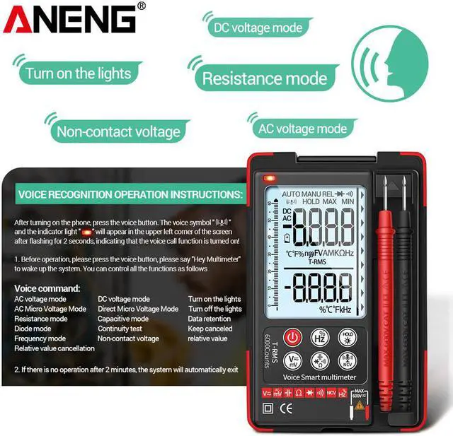 Alt view image 6 of 6 - ANENG Q60S Digital Multimeter Smart Mini Professional True Rms Multimeter AI Speech Recognition Transistor Tester 6000 Counts - Red(no box)
