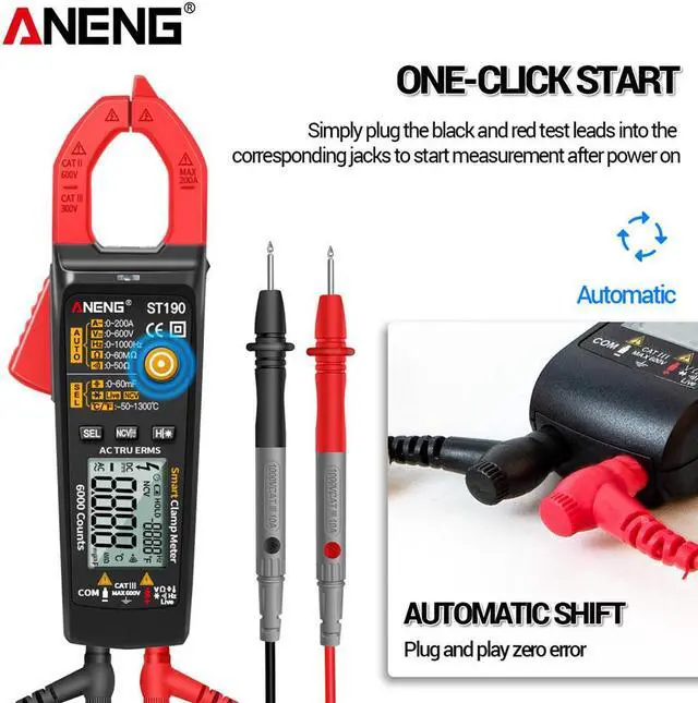 Alt view image 3 of 7 - ST190 LCD Digital Automatic Current Clamp Meter DC AC Ammeter Voltage Voltmeter Ohmmeter Multimeter Resistance Temperature - Red(no box)