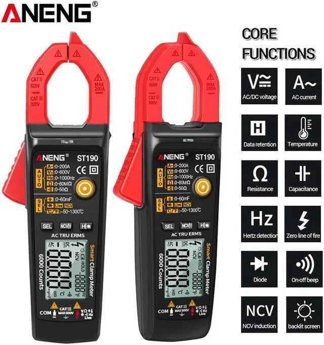 Alt view image 2 of 7 - ST190 LCD Digital Automatic Current Clamp Meter DC AC Ammeter Voltage Voltmeter Ohmmeter Multimeter Resistance Temperature - Red(no box)