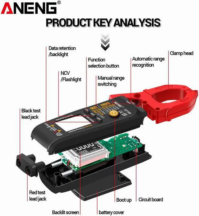Alt view image 5 of 7 - ST190 LCD Digital Automatic Current Clamp Meter DC AC Ammeter Voltage Voltmeter Ohmmeter Multimeter Resistance Temperature - Red(no box)