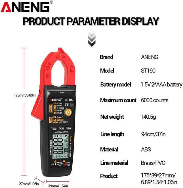 Alt view image 6 of 7 - ST190 LCD Digital Automatic Current Clamp Meter DC AC Ammeter Voltage Voltmeter Ohmmeter Multimeter Resistance Temperature - Red(no box)
