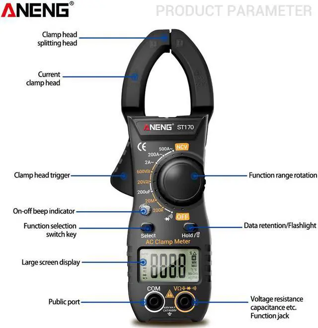 Alt view image 2 of 2 - ST170 Portable Digital Clamp Meter DC/AC Current Multimeter Ammeter Voltage Tester Diode Current Capacitance NCV Ohm Test - Black