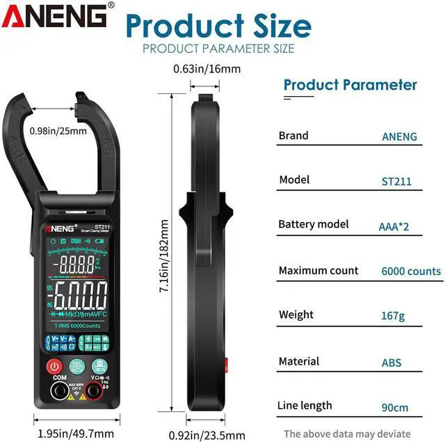 Main image of ANENG ST211 Digital Clamp Meter 6000 Counts Multimeter DC/AC Voltage Current Tester Car Amp Hz Big Color Screen NCV Ohm Test - Black(no box)