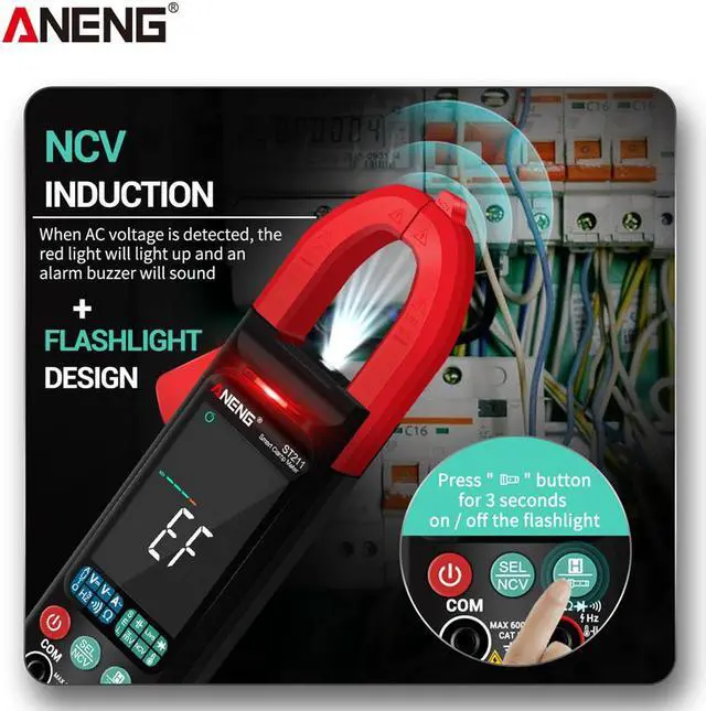 Alt view image 2 of 2 - ANENG ST211 Digital Clamp Meter 6000 Counts Multimeter DC/AC Voltage Current Tester Car Amp Hz Big Color Screen NCV Ohm Test - Red