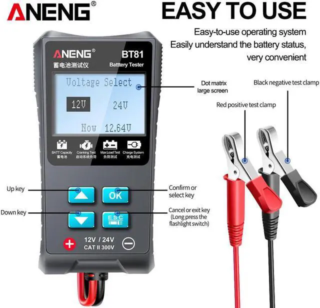 Alt view image 2 of 3 - ANENG BT81 Car Battery Tester 12V/24V 100 to 1700CCA Cranking Charging Circut Tester Battery Analyzer 12/24 Volts Battery Tools (no box)