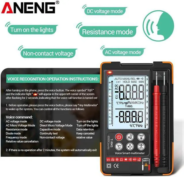 Alt view image 5 of 7 - ANENG Q60S Digital Multimeter Smart Mini Professional True Rms Multimeter AI Speech Recognition Transistor Tester 6000 Counts - Orange