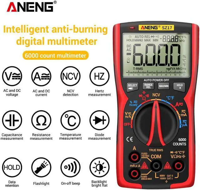 Alt view image 3 of 7 - ANENG SZ17 DIY Transistor Capacitor NCV Detector Lcr Meter Digital Multimeter 6000 Profesional True RMS AC/DC Analog Tester - Red