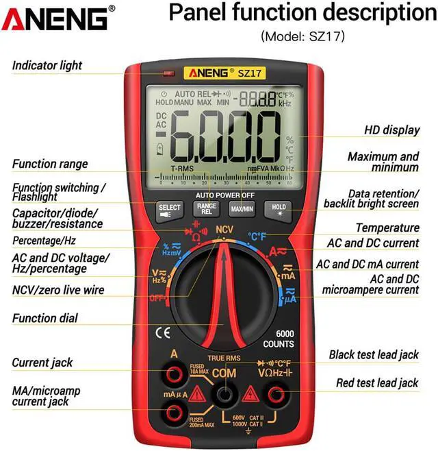 Alt view image 6 of 7 - ANENG SZ17 DIY Transistor Capacitor NCV Detector Lcr Meter Digital Multimeter 6000 Profesional True RMS AC/DC Analog Tester - Red