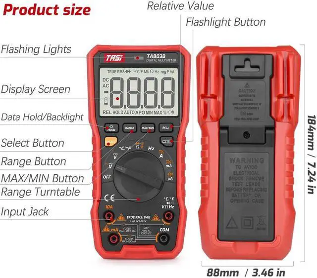 Alt view image 3 of 6 - TASI TA803B Digital Multimeter 2000 Counts True RMS Universal Meter Tester Voltmeter Ammeter Amperemeter AC/DC Voltage & Current Resistance Capacitance Frequency Diodes On-off Test Flashlight Function