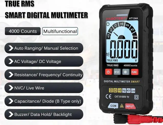Alt view image 3 of 4 - HABOTEST HT124A Smart Digital Multimeter 4000 Counts True RMS Auto Ranging Voltage Meter with Backlight LCD Screen 600V AC DC Voltmeter Electric Test Pen LED Flashlight Multifunction Resistance Contin