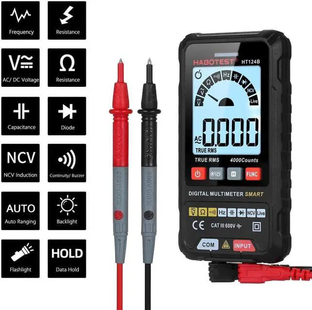 Alt view image 4 of 6 - HABOTEST HT124B Smart Digital Multimeter 4000 Counts True RMS Auto Ranging Voltage Meter with Backlight LCD Screen 600V AC DC Voltmeter Electric Test Pen LED Flashlight Multifunction Resistance Contin