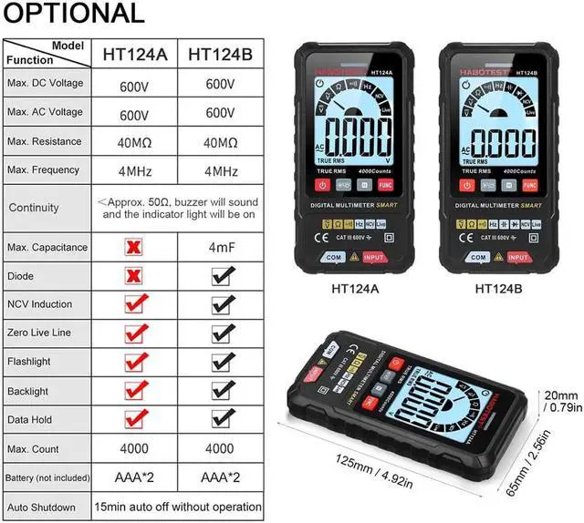 Alt view image 3 of 6 - HABOTEST HT124B Smart Digital Multimeter 4000 Counts True RMS Auto Ranging Voltage Meter with Backlight LCD Screen 600V AC DC Voltmeter Electric Test Pen LED Flashlight Multifunction Resistance Contin