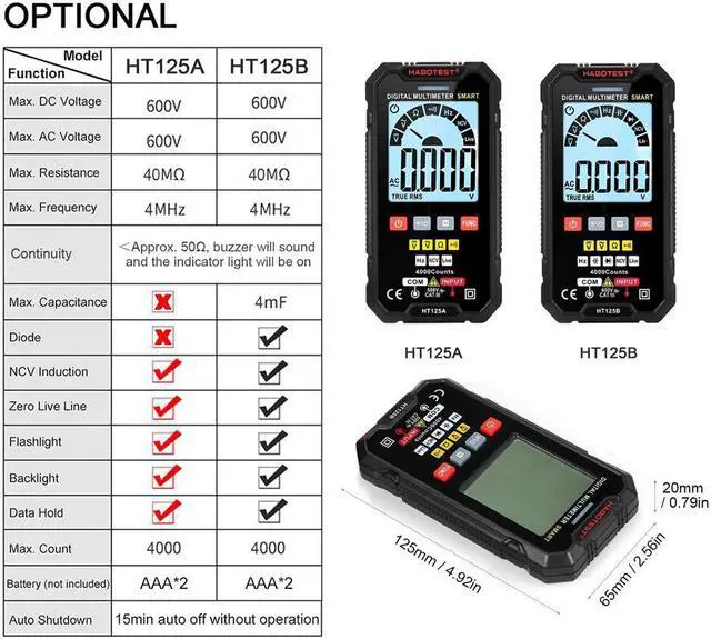 Main image of HABOTEST HT125A Smart Digital Multimeter 4000 Counts True RMS Auto Ranging Voltage Meter 600V AC DC Voltmeter Electric Test Pen