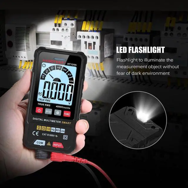 Alt view image 4 of 4 - HABOTEST HT124A Smart Digital Multimeter 4000 Counts True RMS Auto Ranging Voltage Meter with Backlight LCD Screen 600V AC DC Voltmeter Electric Test Pen LED Flashlight Multifunction Resistance Contin