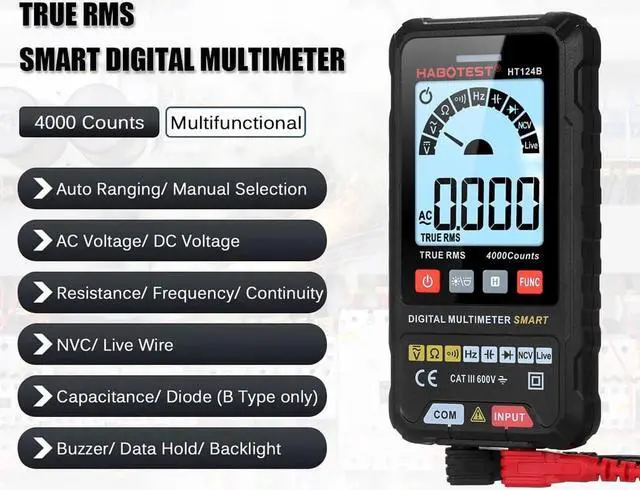 Alt view image 6 of 6 - HABOTEST HT124B Smart Digital Multimeter 4000 Counts True RMS Auto Ranging Voltage Meter with Backlight LCD Screen 600V AC DC Voltmeter Electric Test Pen LED Flashlight Multifunction Resistance Contin