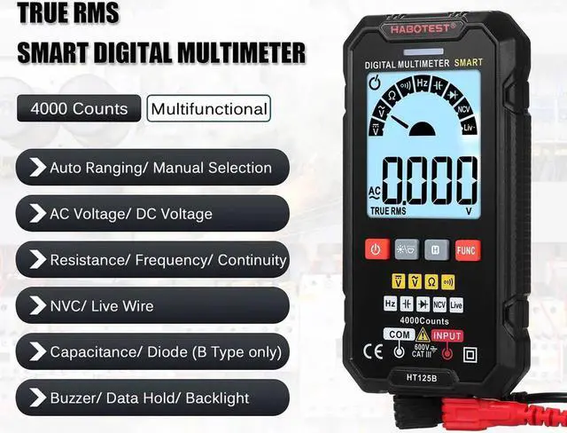 Alt view image 2 of 4 - HABOTEST HT125B Smart Digital Multimeter 4000 Counts True RMS Auto Ranging Voltage Meter 600V AC DC Voltmeter Electric Test Pen Capacitance Diode Testing