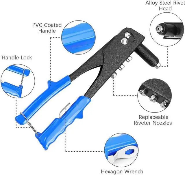 Alt view image 4 of 7 - Rivet Gun Kit Heavy Duty Single Hand Manual Riveter with 40 PCS Rivets 4 Interchangeable Heads 3/32 Inch 1/8 Inch 5/32 Inch 3/16 Inch for Metal Automotive Railway Blue