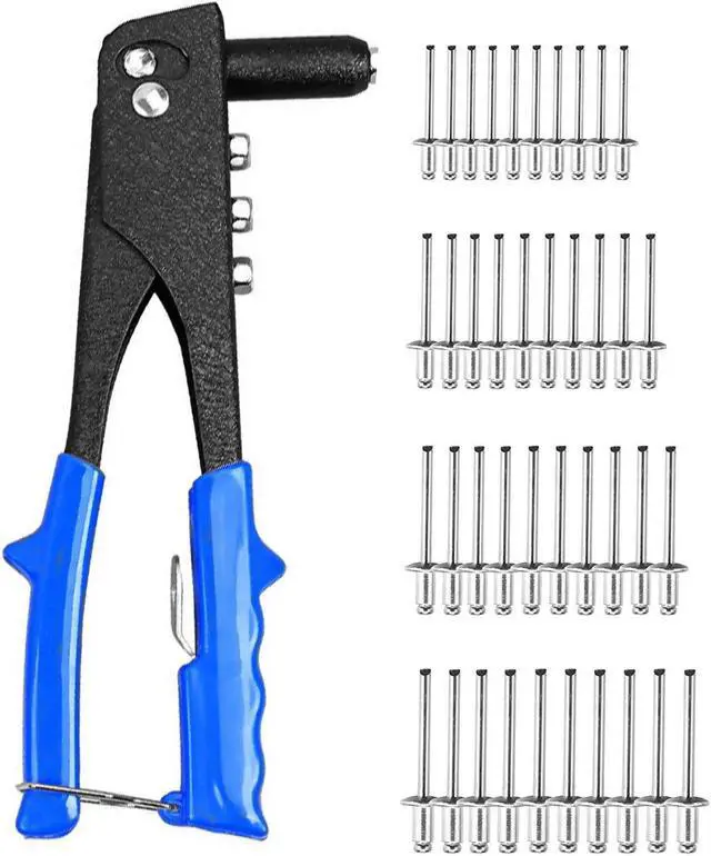 Main image of Rivet Gun Kit Heavy Duty Single Hand Manual Riveter with 40 PCS Rivets 4 Interchangeable Heads 3/32 Inch 1/8 Inch 5/32 Inch 3/16 Inch for Metal Automotive Railway Blue