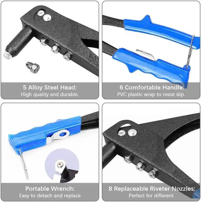 Alt view image 5 of 7 - Rivet Gun Kit Heavy Duty Single Hand Manual Riveter with 40 PCS Rivets 4 Interchangeable Heads 3/32 Inch 1/8 Inch 5/32 Inch 3/16 Inch for Metal Automotive Railway Blue