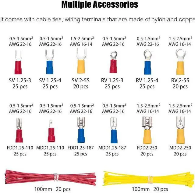 Alt view image 7 of 7 - Crimping Tool Kit Includes 24-14 AWG Ratcheting Wire Crimper Plier 280pcs Insulated Wire Terminal Connectors 40pcs Cable Ties