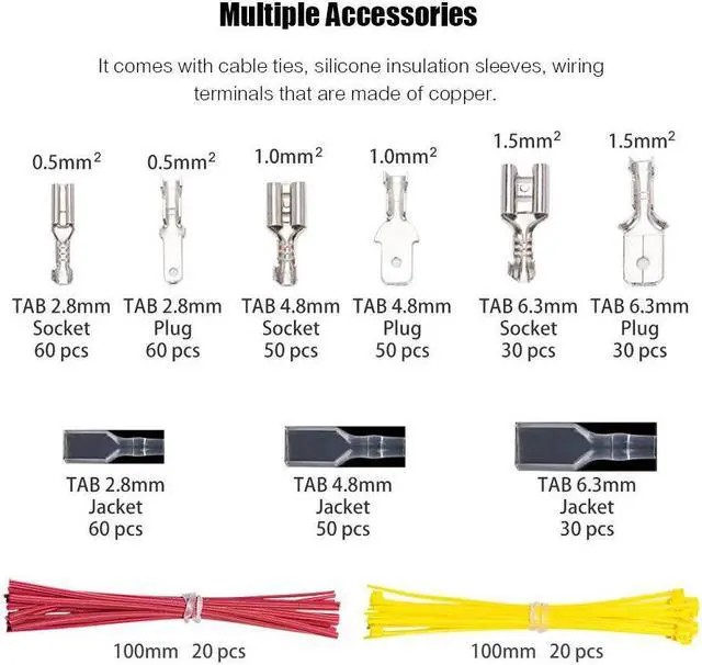 Alt view image 3 of 6 - Crimping Tool Kit Includes 26-16 AWG Ratcheting Wire Crimper Plier 280pcs Male Female Wire Spade Connectors 140pcs Insulation Sleeves 40pcs Cable Ties