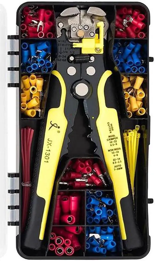 Main image of Wiring Tool Kit Includes 24-10 AWG Multifunctional Wire Stripper Cutter Crimper 230pcs Insulated Wire Terminal Connectors 40pcs Cable Ties