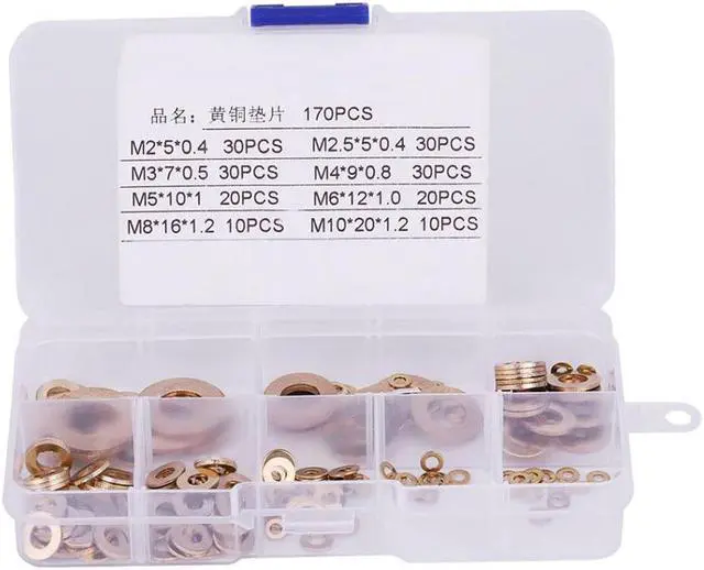 Alt view image 2 of 6 - 170Pcs/Set Brass Washers Flat Washer with Box Assortment Kit M2/M2.5/M3/M4/M5/M6/M8/M10 washer Kit Fastener Set