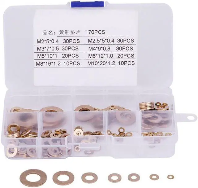 Alt view image 5 of 6 - 170Pcs/Set Brass Washers Flat Washer with Box Assortment Kit M2/M2.5/M3/M4/M5/M6/M8/M10 washer Kit Fastener Set