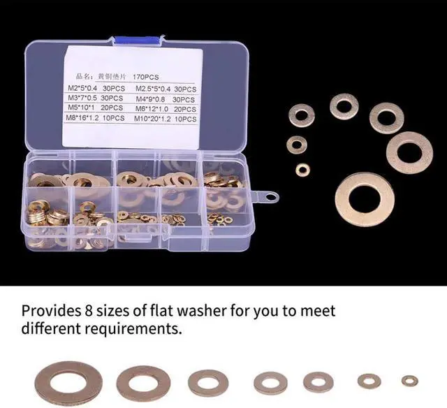 Alt view image 6 of 6 - 170Pcs/Set Brass Washers Flat Washer with Box Assortment Kit M2/M2.5/M3/M4/M5/M6/M8/M10 washer Kit Fastener Set