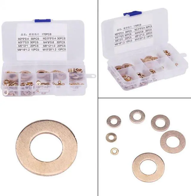 Alt view image 3 of 6 - 170Pcs/Set Brass Washers Flat Washer with Box Assortment Kit M2/M2.5/M3/M4/M5/M6/M8/M10 washer Kit Fastener Set