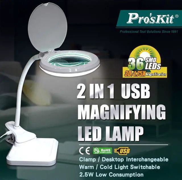 Alt view image 5 of 7 - Pro'sKit MA-1010U 2 in 1 USB Magnifying LED Lamp Warm / Cold Light Switchable 3D Magnification Lens 2.5W Low Consumption