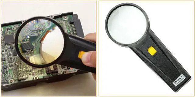 Alt view image 6 of 7 - Pro'sKit 8PK-MA006 Round Hand-Held 4X Magnifier With Lllumination LED Light For Viewing Micro-Ltems PC Board Reading Books