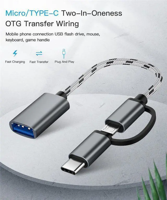 Alt view image 6 of 7 - 2 in 1 USB 3.0 OTG Cable Nylon Braid Micro USB Type C Data Sync Charge Adapter for Samsung One Plus MacBook USBC Type-C OTG - Gray