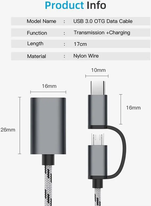 Alt view image 3 of 7 - 2 in 1 USB 3.0 OTG Cable Nylon Braid Micro USB Type C Data Sync Charge Adapter for Samsung One Plus MacBook USBC Type-C OTG - Gray