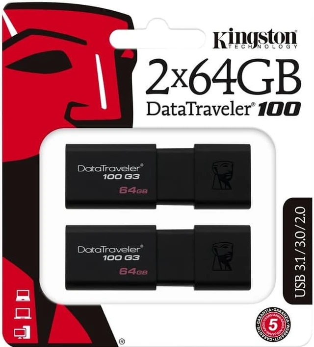 Main image of KINGSTON DT100G3/64GB-2P 64GB USB 3.0 DataTraveler