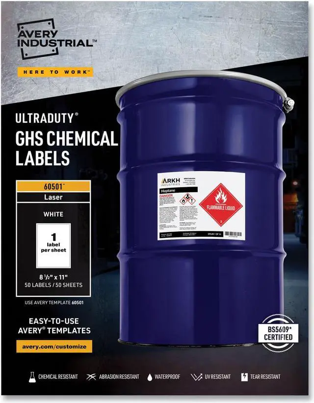 Alt view image 2 of 4 - Avery Dennison - 7278260501 - Full-Sheet UltraDuty GHS Chemical Labels, Laser, 8 1/2 x 11, White, 50/Box