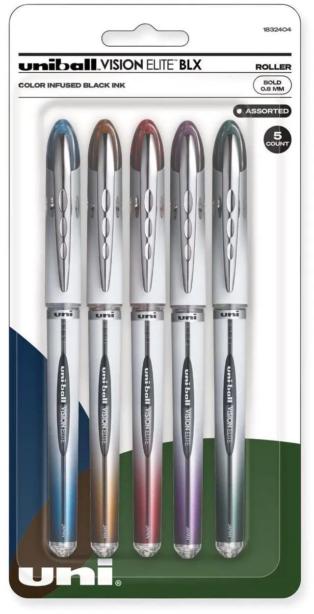 Alt view image 2 of 12 - Uni-Ball 1832404 Vision Elite BLX Series Rollerball Pen, 0.8 mm, Assorted, 5-Pk