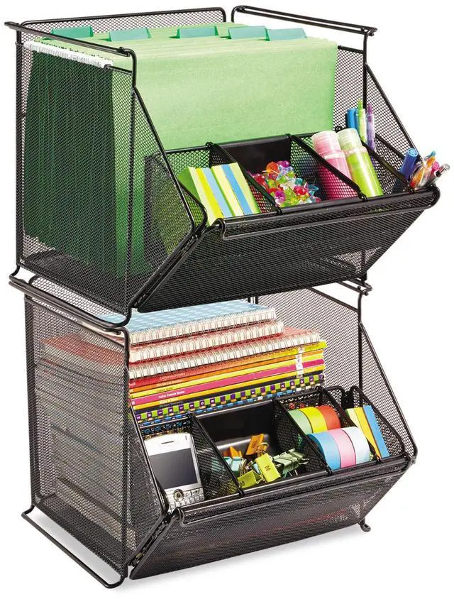 Alt view image 4 of 12 - Onyx Stackable Mesh Storage Bin, 4-Compartment, 14 X 15 1/2 X 11 3/4, Black
