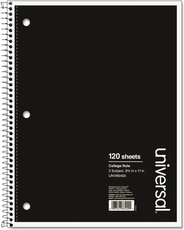 Alt view image 3 of 5 - Universal 3 Sub. Wirebound Notebook 11 x 8 1/2 College Rule 120 Sheets Black Cover 66400