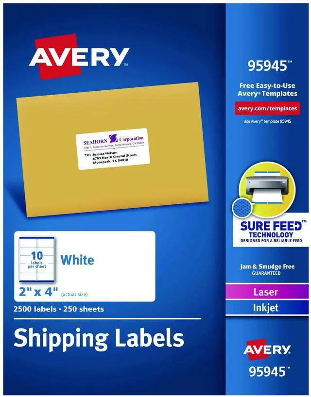 Alt view image 2 of 10 - Avery Dennison - 7278295945 - White Shipping Labels, Inkjet/Laser, 2 x 4, White, 2500/Box