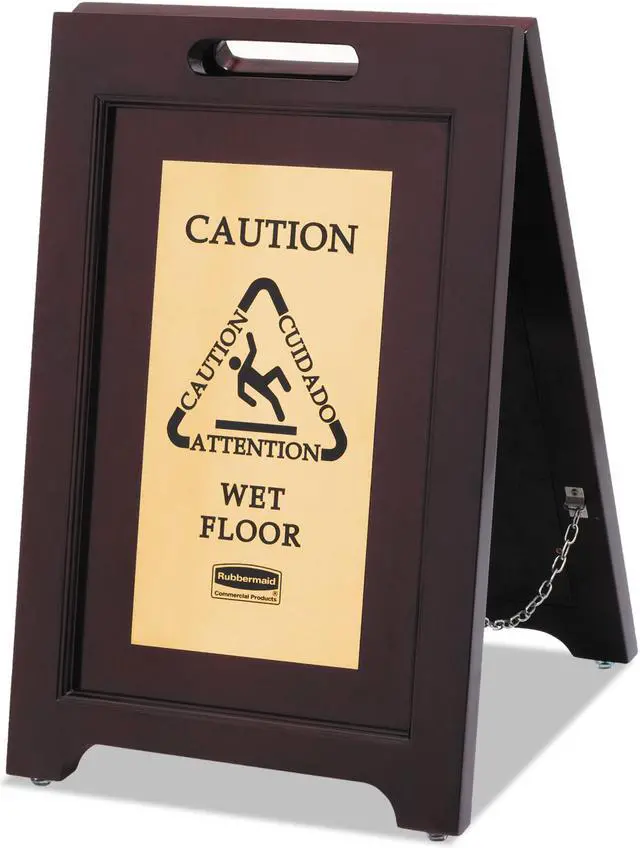 Alt view image 2 of 3 - Executive 2-Sided Multi-Lingual Caution Sign, Brown/Brass, 15 x 23 1/2 1867507