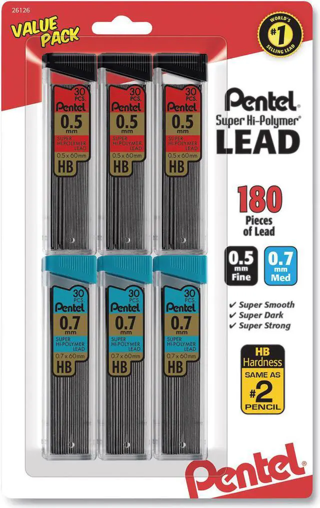 Alt view image 2 of 7 - Pentel C257BPHB6 Super Hi-Polymer Lead Refills, 0.5Mm, 0.7Mm, Hb, Black, 30/Tube, 6 Tubes/Pack