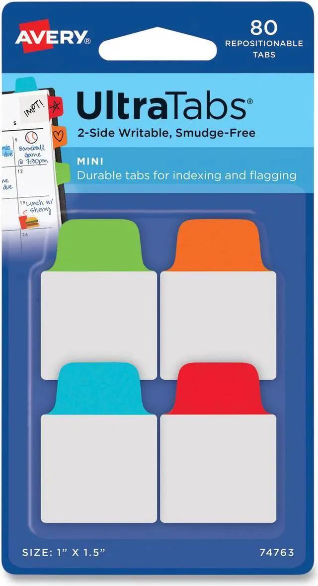 Alt view image 13 of 18 - Avery Mini Ultra Tabs, 1 x 1.5, 2-Side Writable, Red/Blue/Orange, 80 Repositionable Tabs (74763)