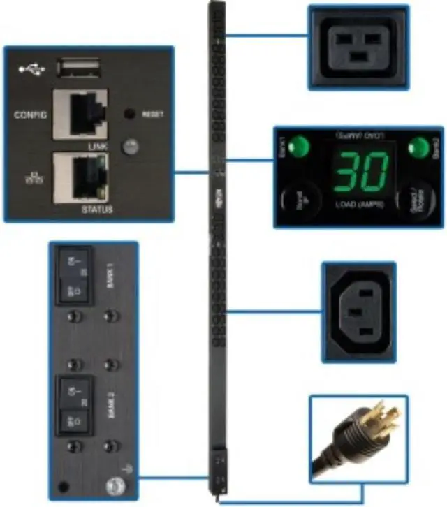 Alt view image 3 of 12 - Tripp Lite 5 / 5.8 kW Single-Phase Monitored PDU, LX Interface, 208 / 240V Outlets (36 x C13 / 6 x C19), L6-30P, 10.0 Feet Cord, 0U Height, TAA (PDUMNV30HV2LX)